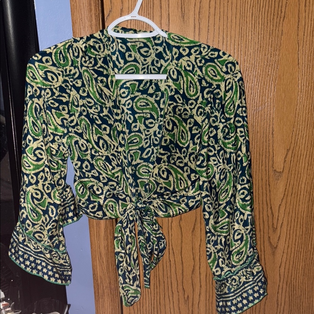 Source Unknown Green Black Tie Front Crop Blouse